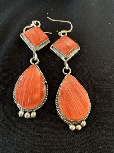 Navajo Red Spiny Oyster Dangle Earrings | Sterling Silver | Authentic Native American Handmade | 203