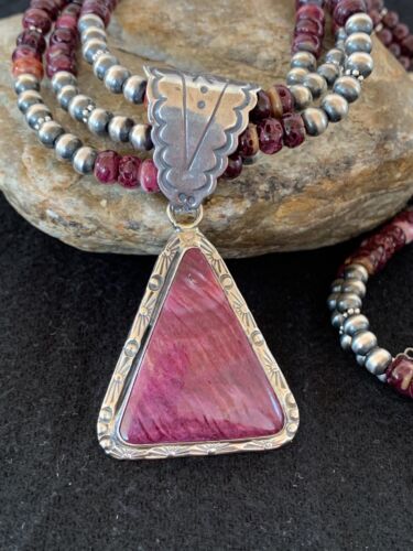 Navajo Purple Spiny Oyster Pendant Necklace | 3-Strand | Sterling Silver | Authentic Native American Handmade | 4107