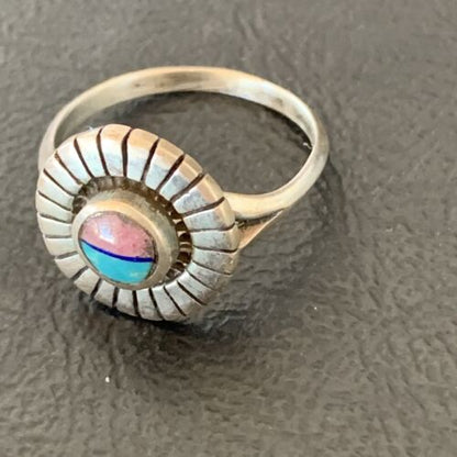 Navajo Blue Turquoise Coral Inlay Ring | Sz 7.5 | Authentic Native American Handmade | 11204