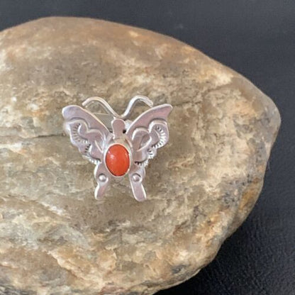 Navajo Red Spiny Oyster Butterfly Ring | Sterling Silver | Adj Sz 8 | Authentic Native American Handmade | 10341