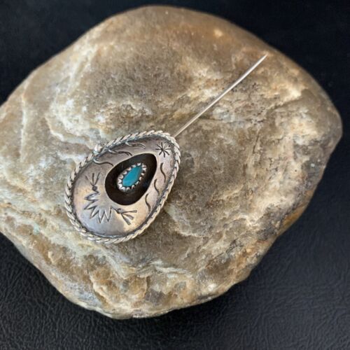Old Pawn Navajo Hair Pin | Sterling Silver Blue Turquoise | 2.5" | Authentic Native American Handmade | 13729