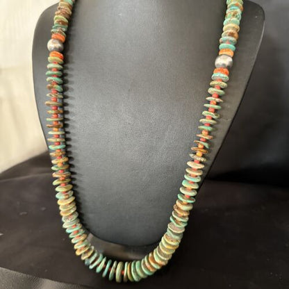 Navajo Turquoise & Red Spiny Oyster Necklace | Sterling Silver | Authentic Native American | 32" | 14382
