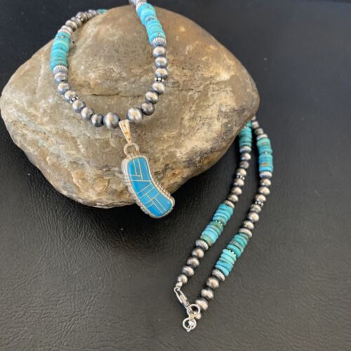 Navajo Pearls Turquoise Necklace with Inlay Pendant | Sterling Silver | 21" | Authentic Native American Handmade | 12579