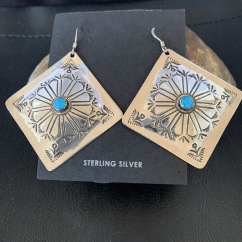 Navajo Blue Turquoise Earrings | Stamped Sterling Silver | Authentic Native American Handmade | 13369