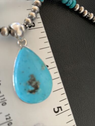 Navajo Pearl Necklace with Blue Kingman Turquoise Pendant | Sterling Silver | 11739