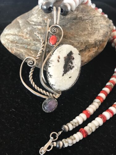 Navajo White Turquoise & Spiny Oyster Pendant Necklace | Authentic Native American Sterling Silver | Multi-Stone | 8645