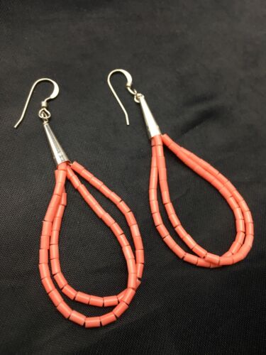 Navajo Pink Coral Heishi Dangle Earrings | Liquid Sterling Silver | 2 Strand | Authentic Native American | 4398