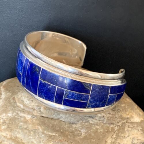 Native American Men's Navajo Blue Lapis Inlay Cuff Bracelet | Sterling Silver | 12233