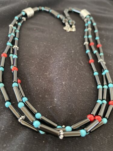 Navajo Black Onyx Coral Turquoise Bead Necklace | 3-Strand Sterling Silver | 24" | 1230