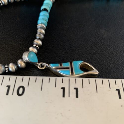 Navajo Blue Turquoise Onyx Inlay Pendant Necklace | Sterling Silver | Authentic Native American Handmade | 13846