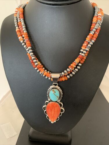 Navajo Pearl Necklace with Turquoise & Spiny Oyster Pendant | Sterling Silver | Multi-Strand | 1677
