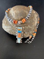 Navajo Turquoise Spiny Oyster Inlay Pendant | Sterling Silver | Authentic Native American Handmade | 11800