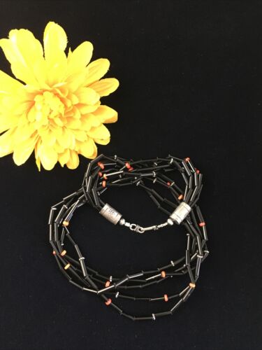 Navajo Black Onyx Coral Turquoise Bead Necklace | 5 Strand Sterling Silver | 19" | 10038