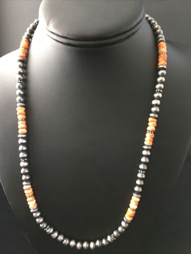 Authentic Navajo Sterling Silver Orange Spiny Oyster Necklace | 21" | Single Strand | Native American Jewelry | 1767