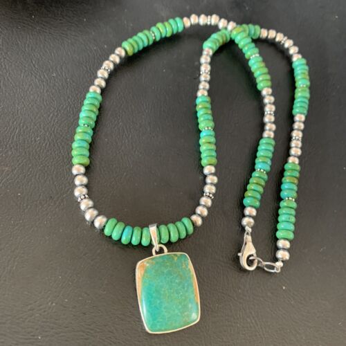 Navajo Green Turquoise Pendant Necklace | Sterling Silver Beads | Authentic Native American Handmade | 13305