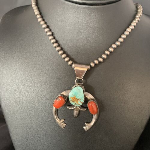 Navajo Pearl Necklace with Royston Turquoise & Coral Naja Pendant | Sterling Silver | 13643