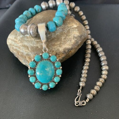 Navajo Blue Turquoise Cluster Pendant Necklace | Sterling Silver | Authentic Native American Handmade | 11884