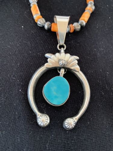 Sterling Blue Turquoise Naja Pendant | Navajo Pearls Spiny Oyster Necklace | Southwestern | 00262