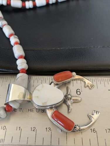 Navajo White Buffalo Turquoise Coral Naja Pendant | Sterling Silver | Authentic Native American Handmade | 10516