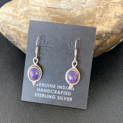 Navajo Purple Turquoise Dangle Inlay Earrings | Sterling Silver | Authentic Native American Handmade | 12683