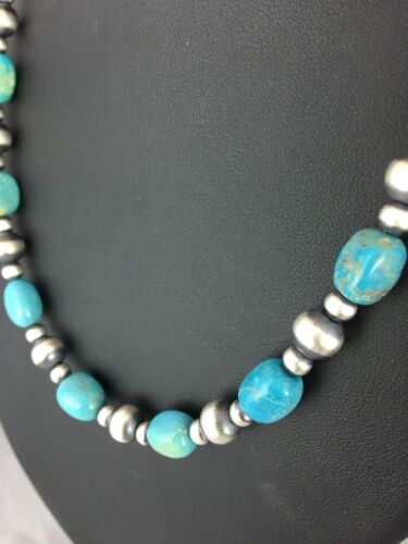 Authentic Native American | Navajo Sterling Silver Turquoise Necklace | Blue Green | 18" | 384