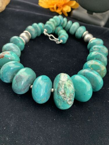 Men's Navajo Pearl Sterling Silver Necklace | Graduated Blue Chunky Turquoise | Authentic Native American | 24" | 01744