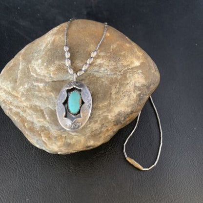 Navajo Blue Turquoise Shadowbox Pendant | Sterling Heishi Necklace | Authentic Native American Handmade | 13690
