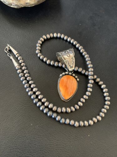 Navajo Orange Spiny Oyster Pendant Necklace | Sterling Silver | Authentic Native American Handmade | 13078