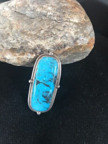Navajo Blue Turquoise Ring | Sterling Silver | Adjustable | Authentic Native American Handmade | 10180