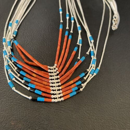 Multi-Color Liquid Silver Heishi Necklace | 10 Strand Sterling Tubes | Native American Handmade | 12300