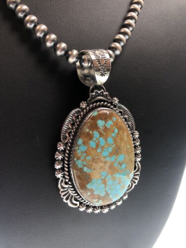 Navajo Blue Turquoise #8 Pendant | Sterling Silver Necklace | Authentic Native American Handmade | 11292