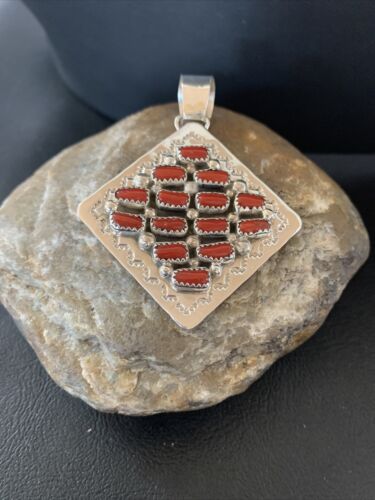 Navajo Red Coral and Multi-Stone Cluster Pendant | Authentic Native American Sterling Silver | 2" | 2101