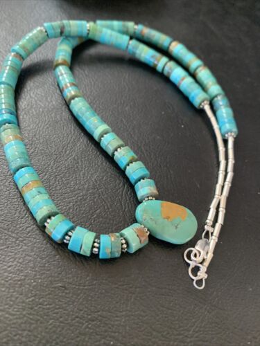 Navajo Green Turquoise Heishi Necklace | Sterling Silver | 22" | Authentic Native American Handmade | 11814