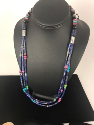Navajo Denim Lapis Multi Strand Necklace | Sterling Silver | 22" | Authentic Native American Handmade | 3342 - Masha USA