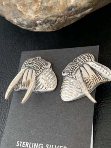 Native American Old Pawn Walrus Sterling Silver Diamond Cut Stud Earrings | 1" | 12993