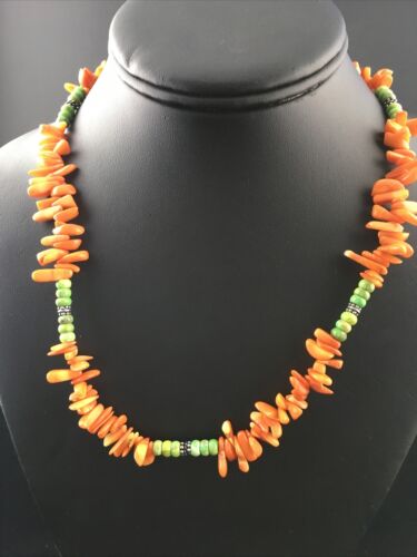 Navajo Orange Coral Turquoise Necklace | Sterling Silver | 18" | Authentic Native American Handmade | 10055