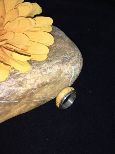 Navajo Yellow Gold Turquoise Inlay Ring | Sterling Silver | Sz 6.5 | 01781