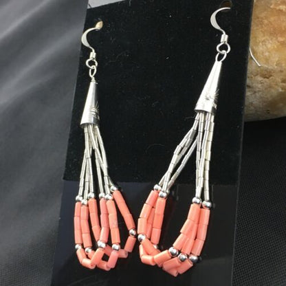 Native American Liquid Silver Heishi Dangle Earrings | Pink Coral | Sterling Silver | 2" | 2029