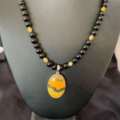 Men's Navajo Pearls Onyx Bumblebee Jasper Pendant Necklace | Sterling Silver | Native American Handmade | 10324
