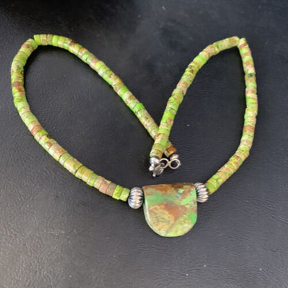 Navajo Green Gaspeite Turquoise Pendant | Sterling Silver | Authentic Native American Handmade | 13913