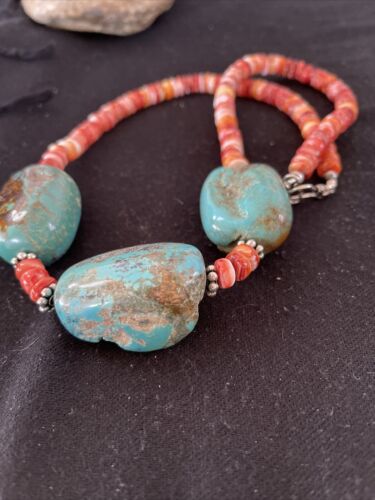 Chunky Turquoise Navajo Pearls | Sterling Silver | Red Spiny Oyster | 22" | Necklace 1239