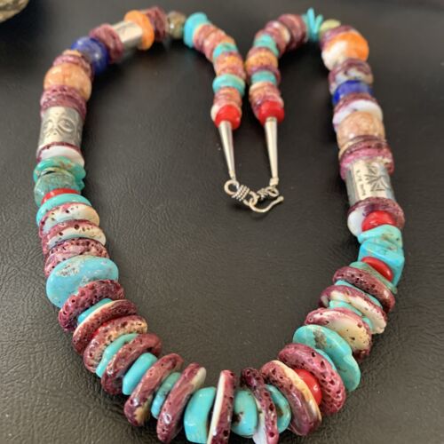 Navajo Turquoise Spiny Oyster Coral Lapis Necklace | Sterling Silver | 24" | Authentic Native American Handmade | 11871