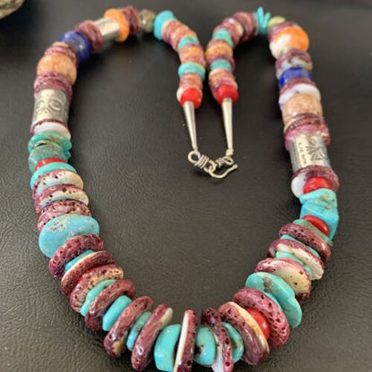 Navajo Turquoise Spiny Oyster Coral Lapis Necklace | Sterling Silver | 24" | Authentic Native American Handmade | 11871