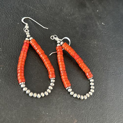 Southwestern Red Coral Dangle Earrings | Sterling Silver Heishi Bead | 2" | 14426