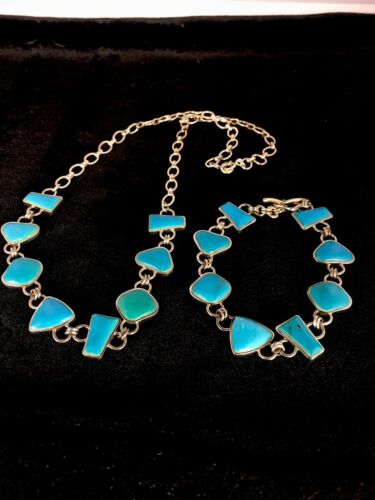 Navajo Sterling Silver Inlay Blue Turquoise Necklace & Bracelet Set | Old Pawn Jewelry | Authentic Native American Handmade | 8741