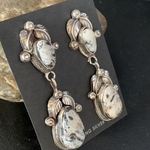 Navajo White Buffalo Turquoise Dangle Earrings Set | Sterling Silver | Authentic Native American Handmade | 13753