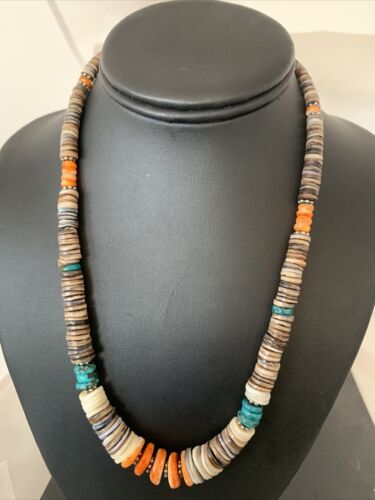 Authentic Native American Navajo Multi-Color Shell Necklace | Sterling Silver | Graduated 20" | 00926