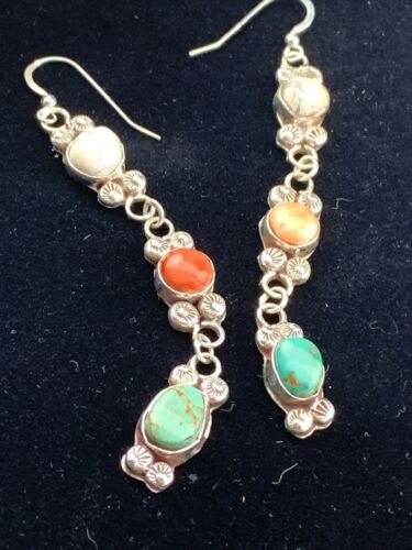 Navajo Spiny, Turquoise & Howlite Dangle Earrings | Sterling Silver | Authentic Native American Handmade | 01618