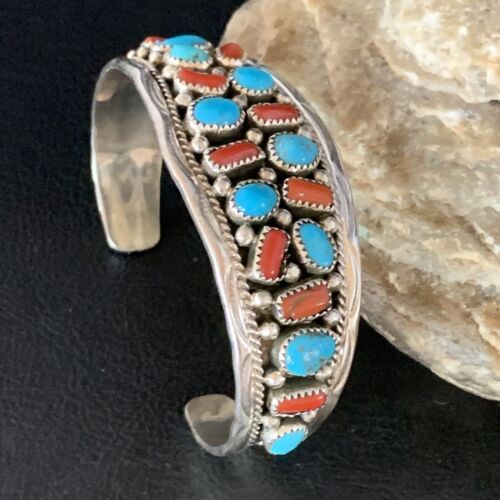 Navajo Kingman Turquoise Coral Cuff Bracelet | Sterling Silver | Authentic Native American Handmade | 14219