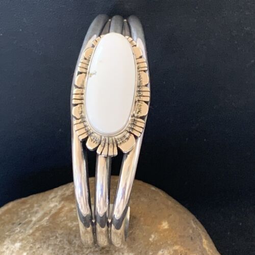 Navajo White Buffalo Turquoise Cuff Bracelet | Sterling Silver | Authentic Native American Handmade | 1422